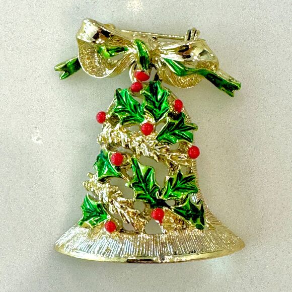 Vintage Gerry's Holiday Christmas Enamel Bell Pin Brooch w Bow 2" Long - Picture 12 of 12